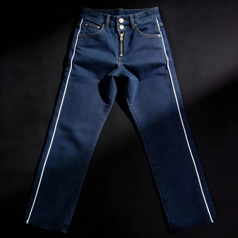Dark blue high-waisted straight-leg jeans elongate the legs.