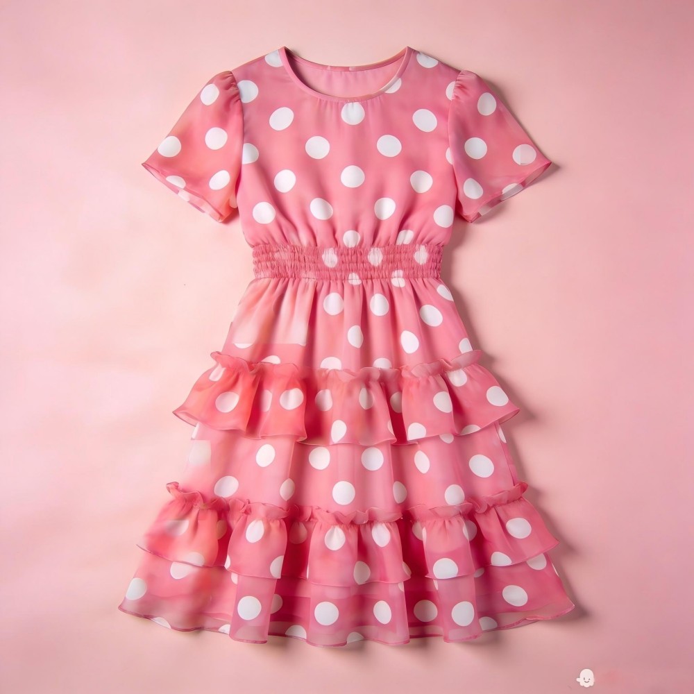 Pink polka dot chiffon dress, full of sweet and girlish charm.