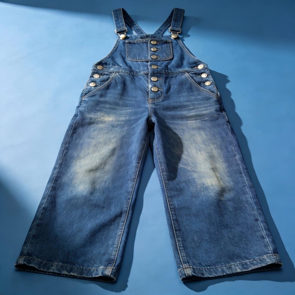 Blue overalls and wide-leg jeans, a youthful and girly outfit