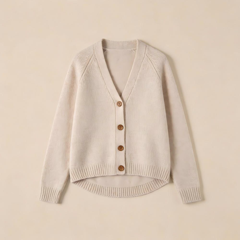 Beige knitted cardigan, a gentle and relaxed style.